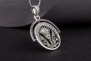 925 Silver Lotus Pendant with Purple Cubic Zirconium Gems, Handmade Egyptian Jewelry - vikingworkshop