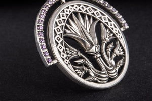 925 Silver Lotus Pendant with Purple Cubic Zirconium Gems, Handmade Egyptian Jewelry - vikingworkshop