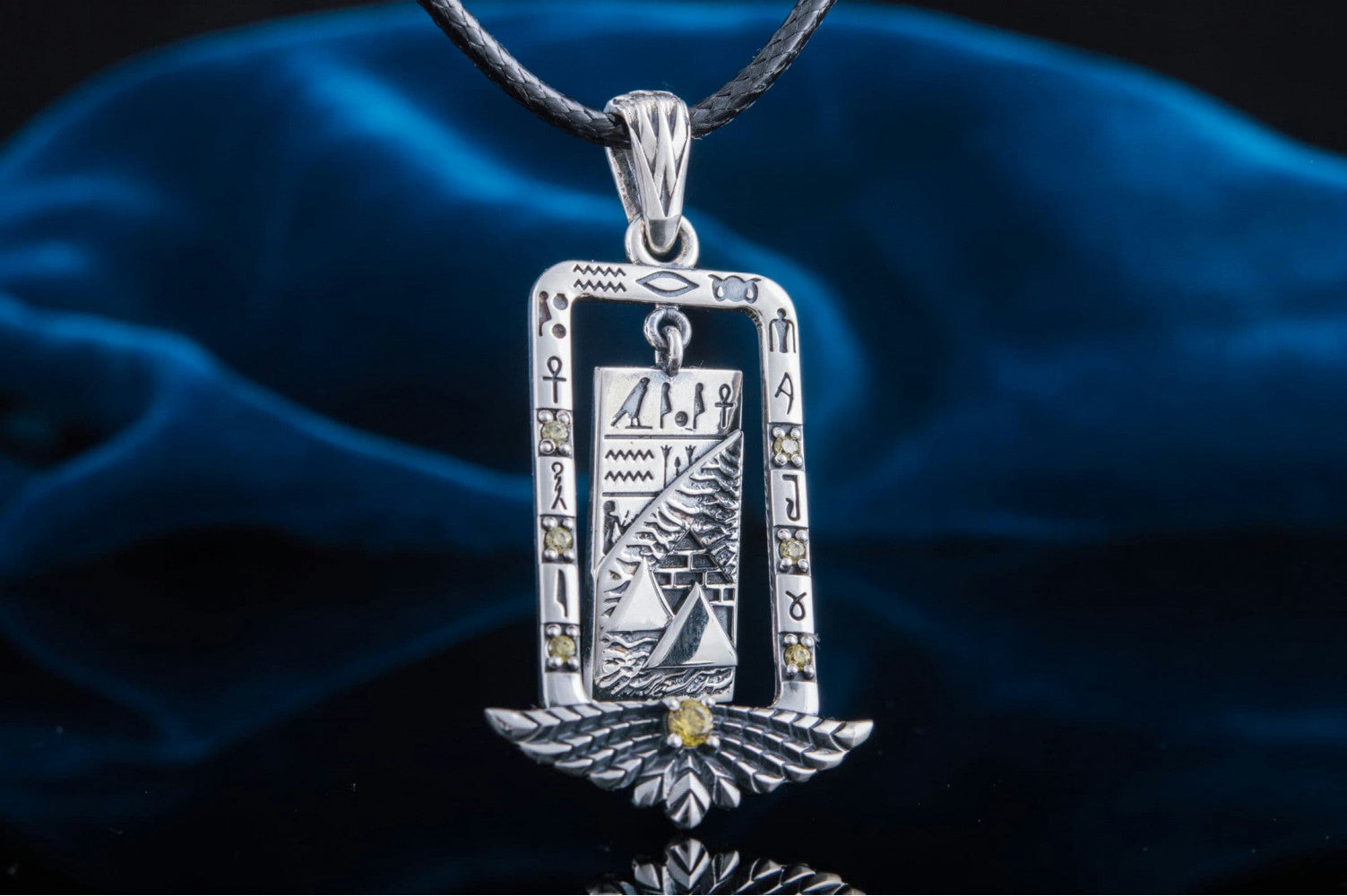 Egypt Pendant with Piramids and Cubic Zirconia Sterling Silver Jewelry - vikingworkshop