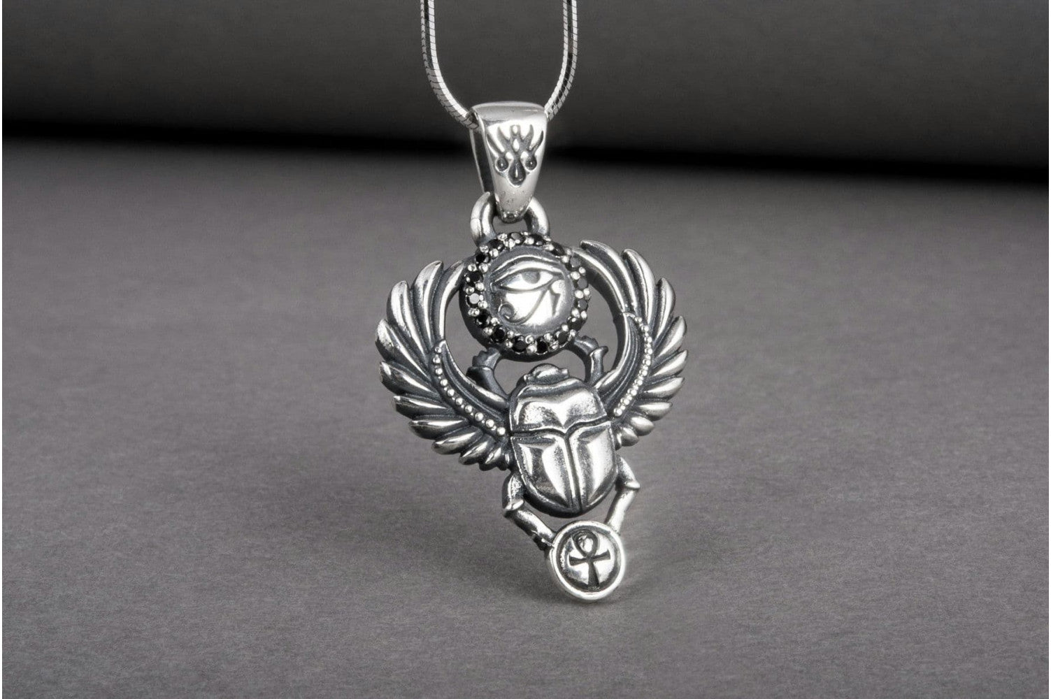 Scarabaeus with Udjat Symbol Pendant Sterling Silver Handmade Egypt Jewelry - vikingworkshop