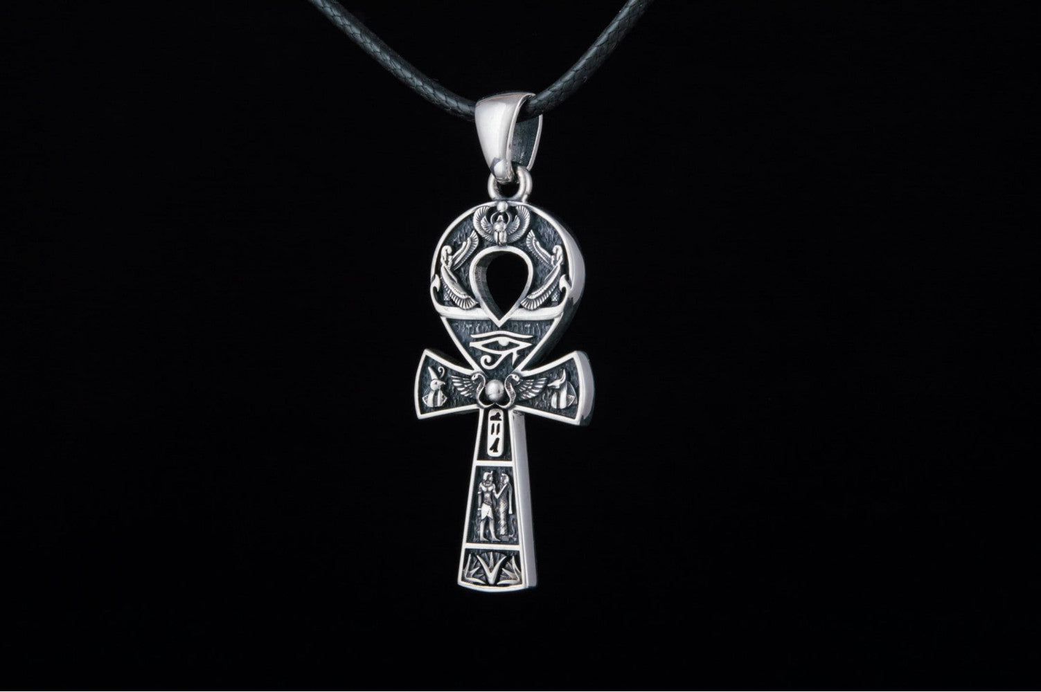 Ankh Pendant with Egypt Symbols Sterling Silver Handmade Egyptian Jewelry - vikingworkshop