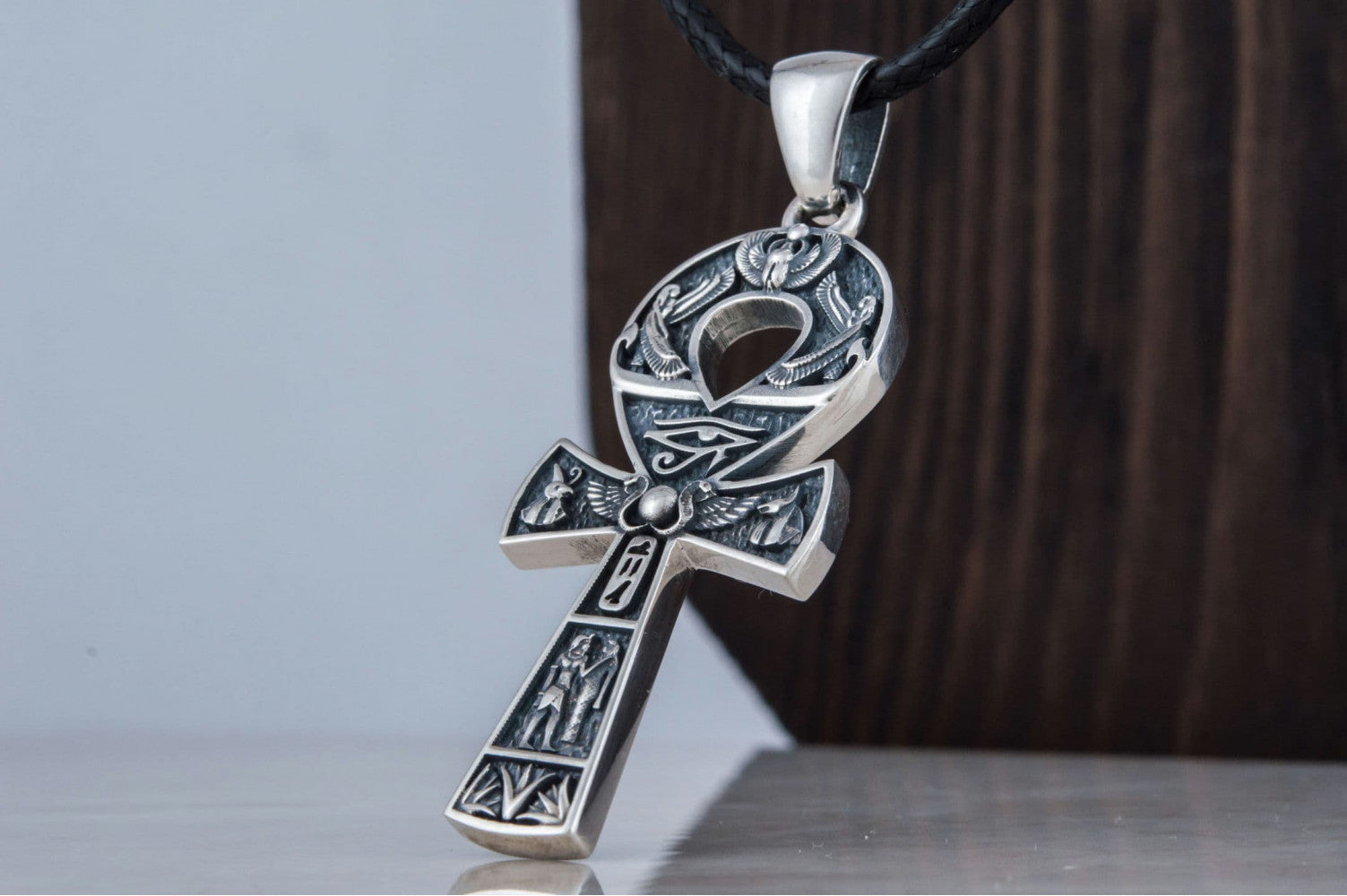 Ankh Pendant with Egypt Symbols Sterling Silver Handmade Egyptian Jewelry - vikingworkshop