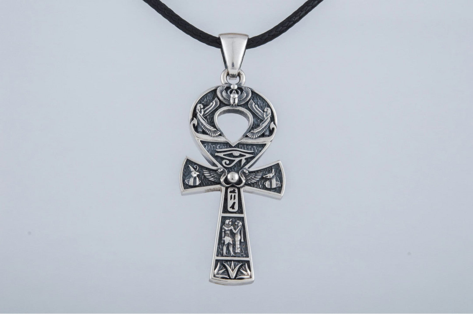 Ankh Pendant with Egypt Symbols Sterling Silver Handmade Egyptian Jewelry - vikingworkshop