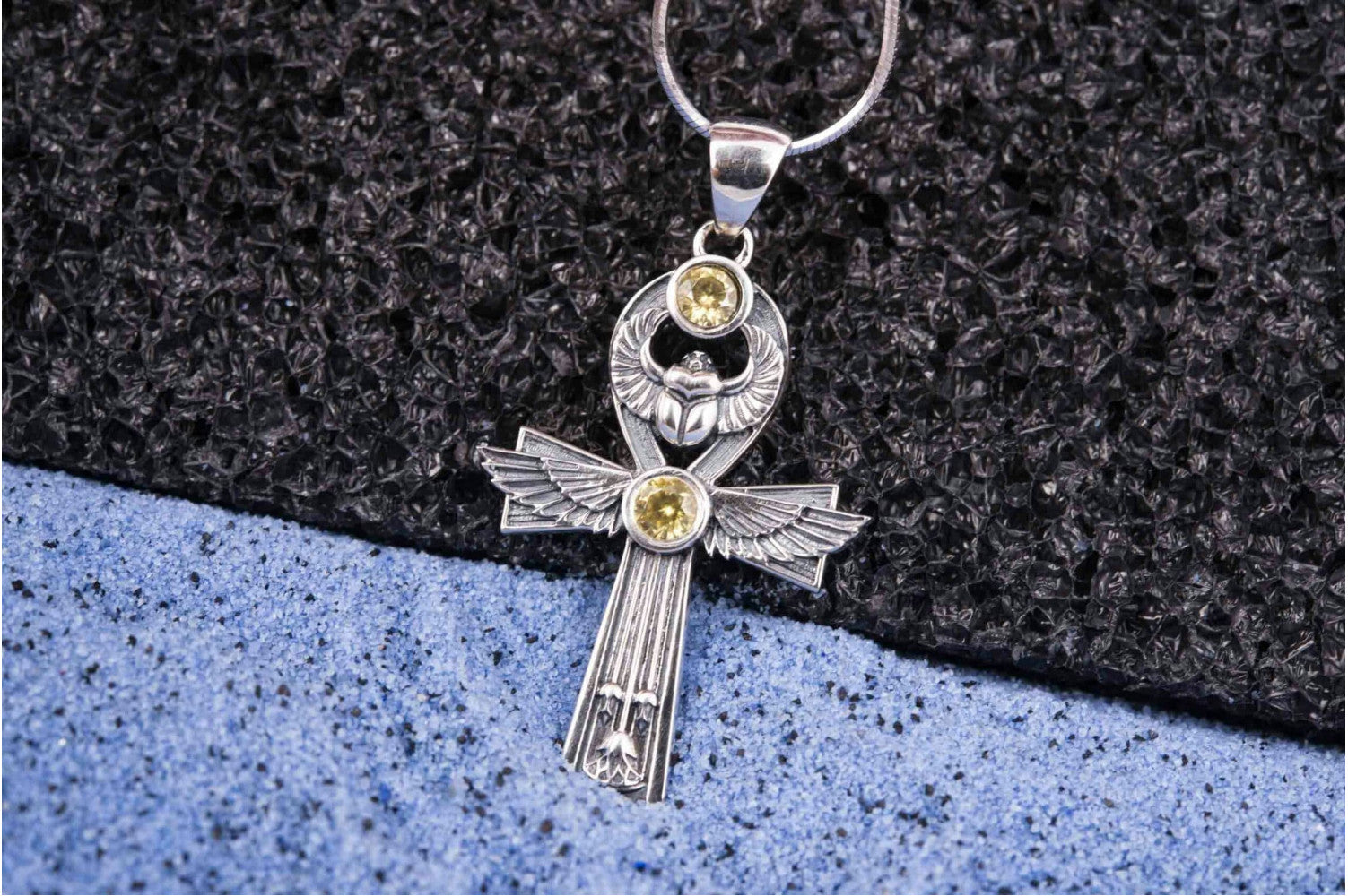 925 Silver Ankh Pendant with Scarabeus and Yellow Gem, unique Egypt Jewelry - vikingworkshop