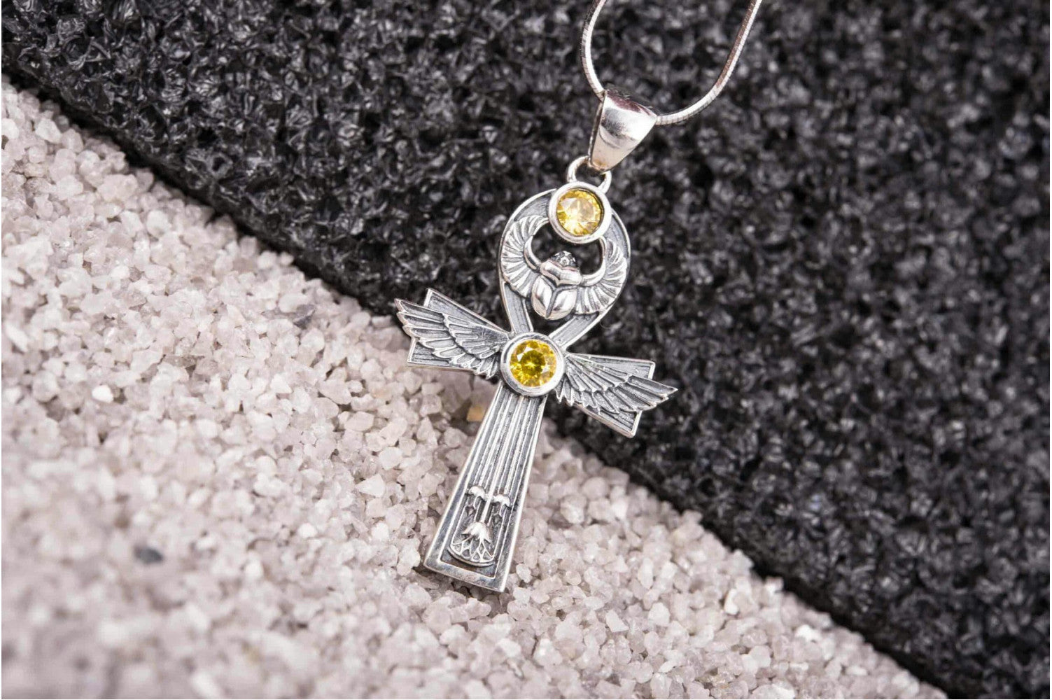 925 Silver Ankh Pendant with Scarabeus and Yellow Gem, unique Egypt Jewelry - vikingworkshop