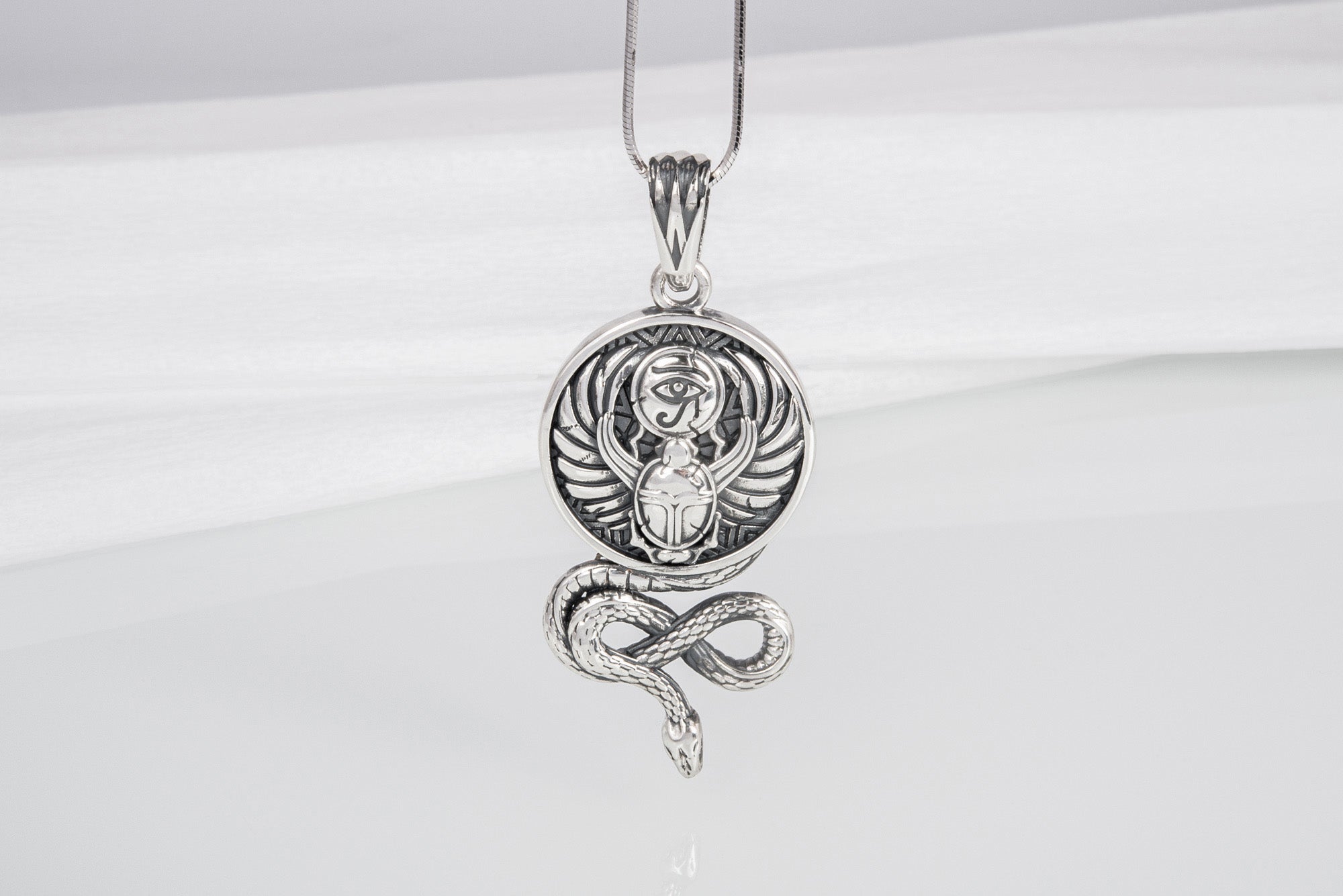 Sterling silver Egyptian pendant with Scarab, Eye of Ra, and Snake, unique handcrafted jewelry - vikingworkshop