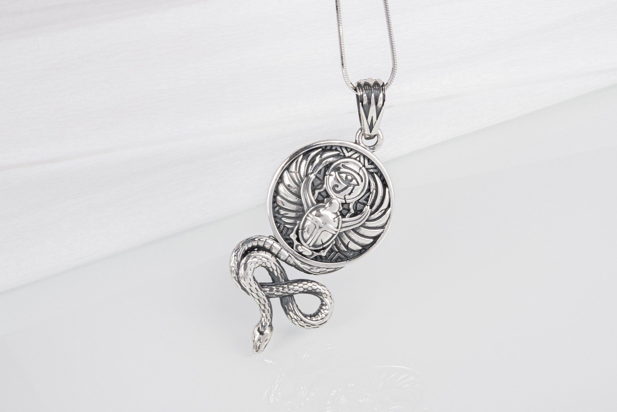 Sterling silver Egyptian pendant with Scarab, Eye of Ra, and Snake, unique handcrafted jewelry - vikingworkshop