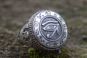 Ring with Uajet and Scarabeus Symbol Sterling Silver Egypt Jewelry - vikingworkshop