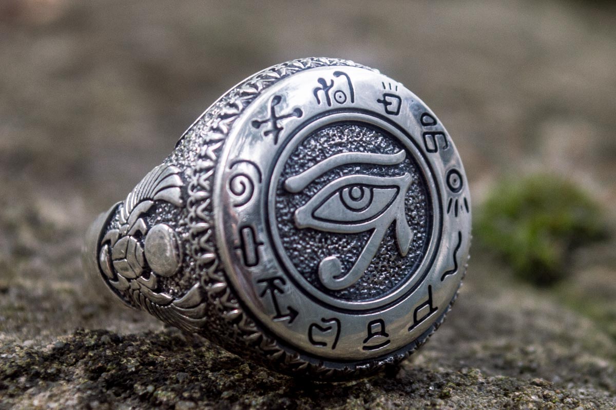 Ring with Uajet and Scarabeus Symbol Sterling Silver Egypt Jewelry - vikingworkshop