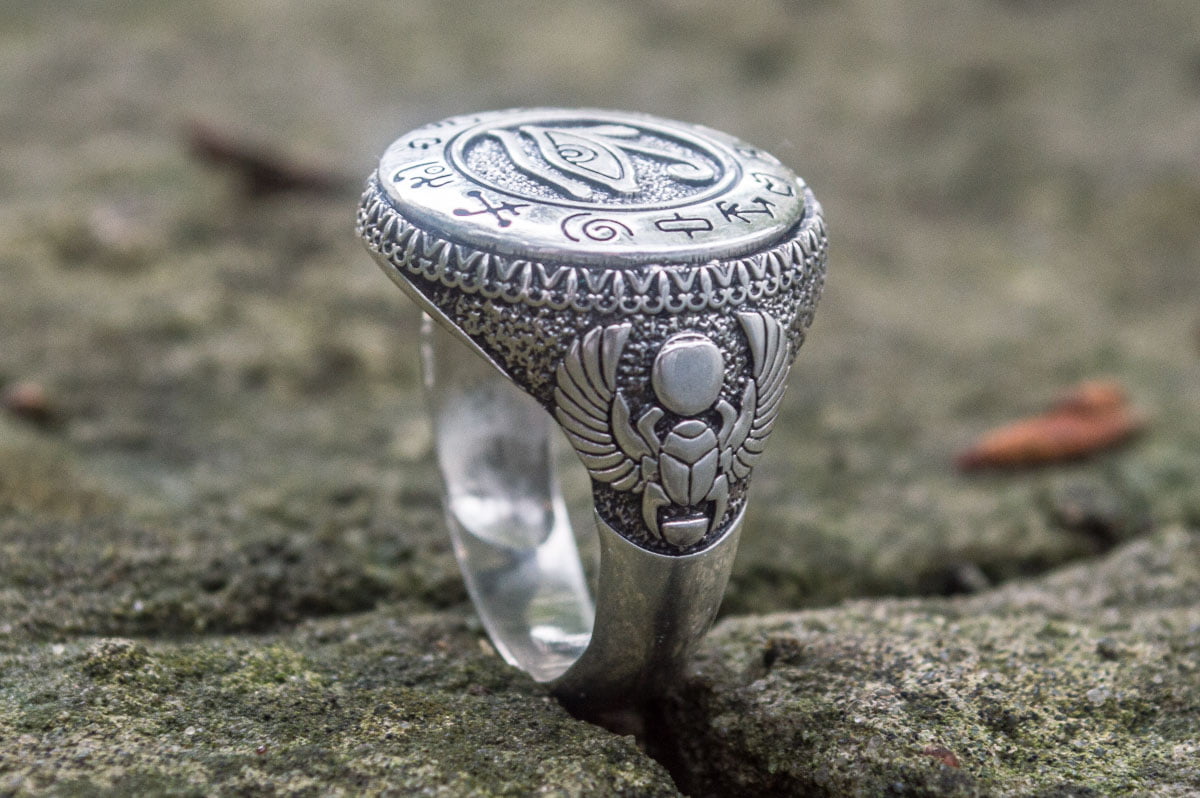 Ring with Uajet and Scarabeus Symbol Sterling Silver Egypt Jewelry - vikingworkshop