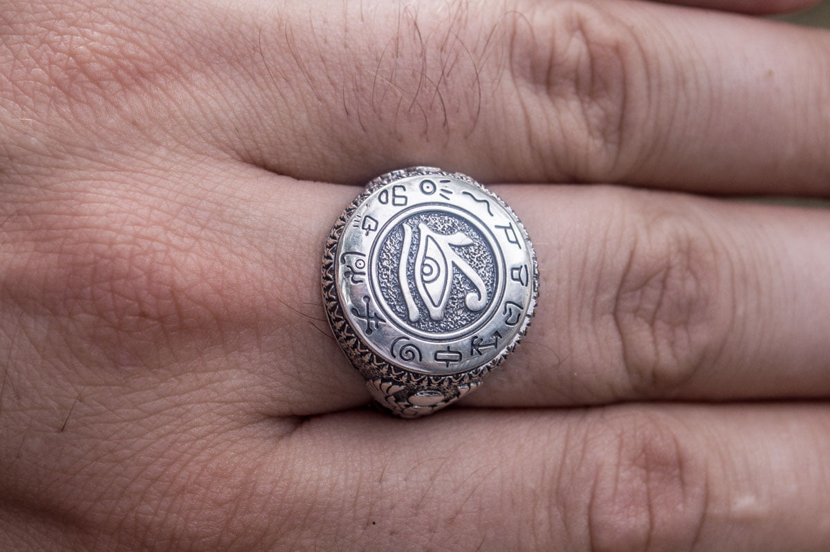 Ring with Uajet and Scarabeus Symbol Sterling Silver Egypt Jewelry - vikingworkshop