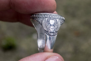 Ring with Uajet and Scarabeus Symbol Sterling Silver Egypt Jewelry - vikingworkshop