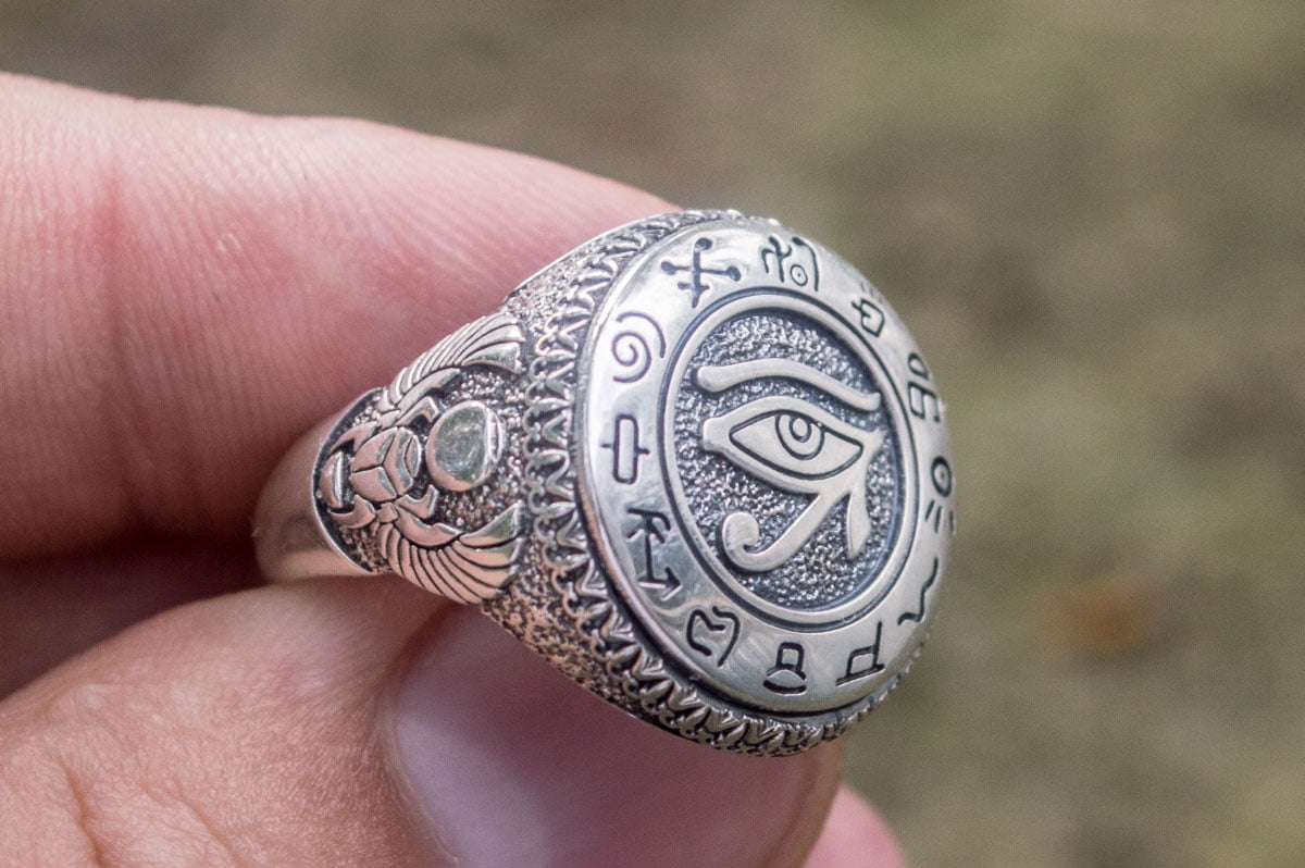 Ring with Uajet and Scarabeus Symbol Sterling Silver Egypt Jewelry - vikingworkshop