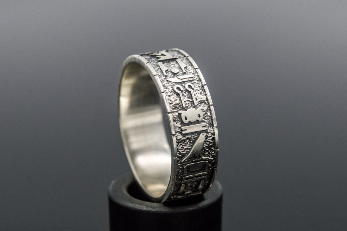 Ring with Egypt Symbols Ornament Sterling Silver Handmade Jewelry - vikingworkshop