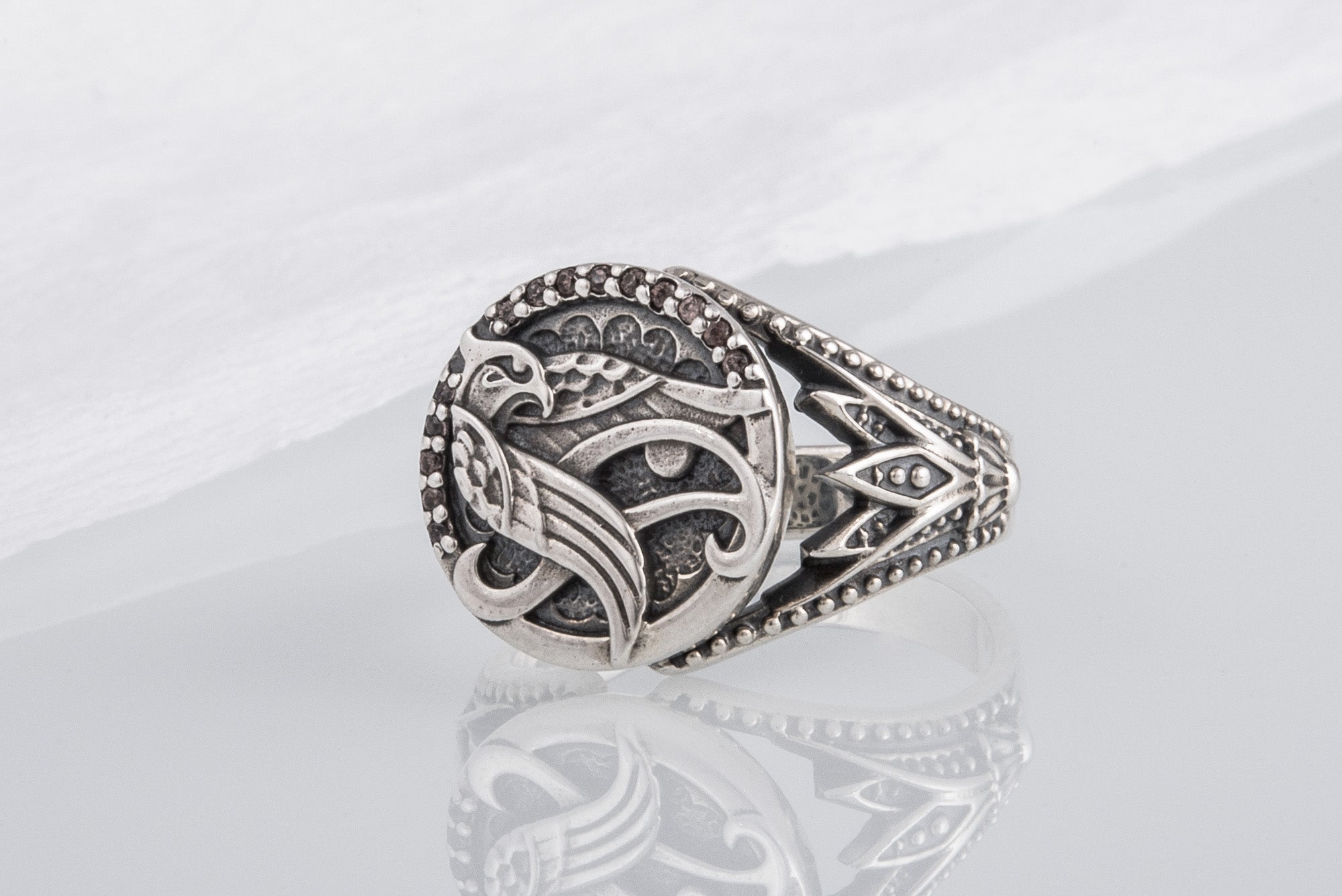 Sterling Silver Egypt Ring with Falcon Horus, God of Sky, Unique Handmade Jewelry - vikingworkshop