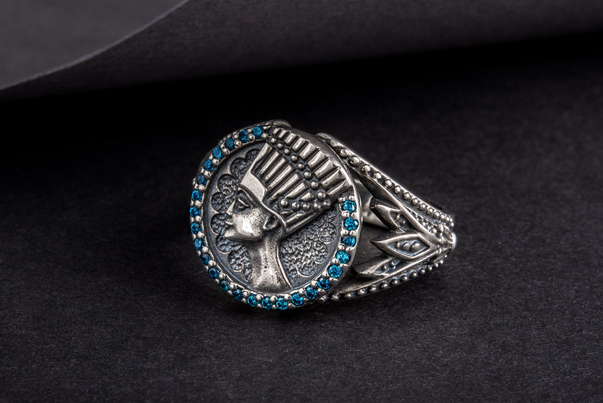 925 Silver Nefertiti Ring with Blue Cubic Zirconium Gems, Handmade Egyptian Jewelry - vikingworkshop