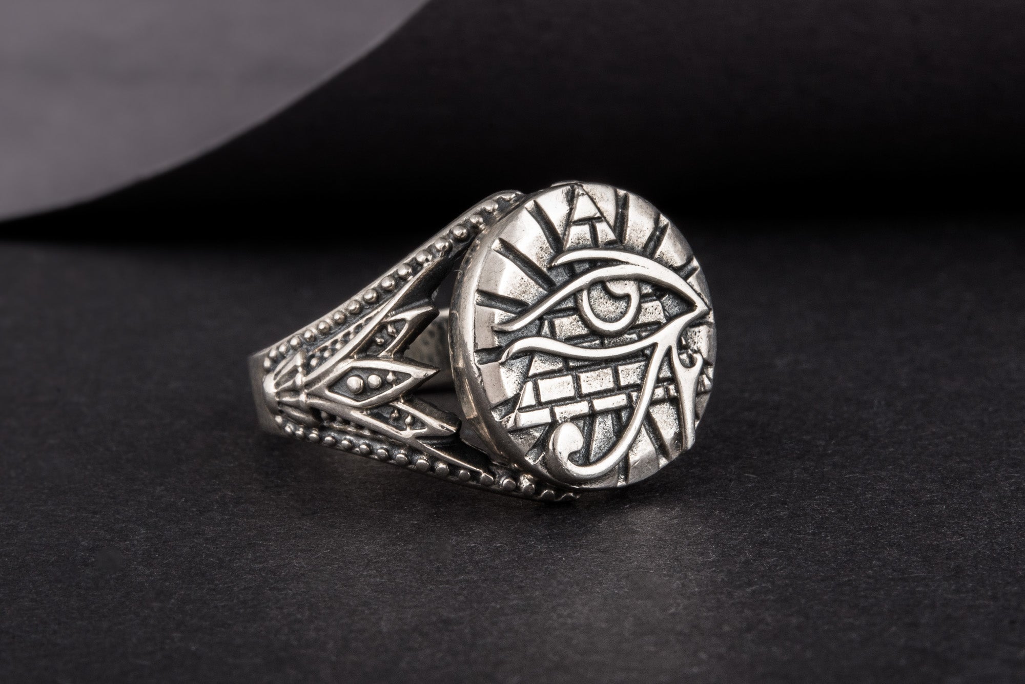 Sterling Silver Udjat Symbol Ring with Pyramid, Handmade Egyptian Jewelry - vikingworkshop