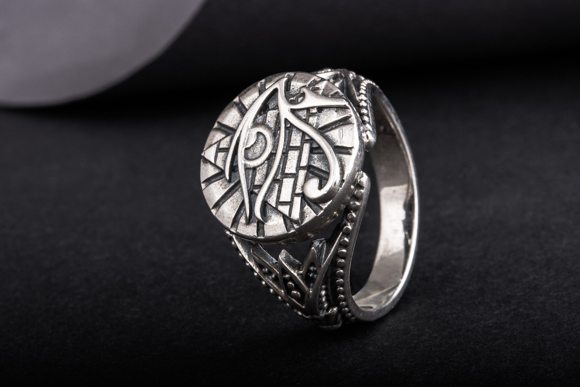 Sterling Silver Udjat Symbol Ring with Pyramid, Handmade Egyptian Jewelry - vikingworkshop