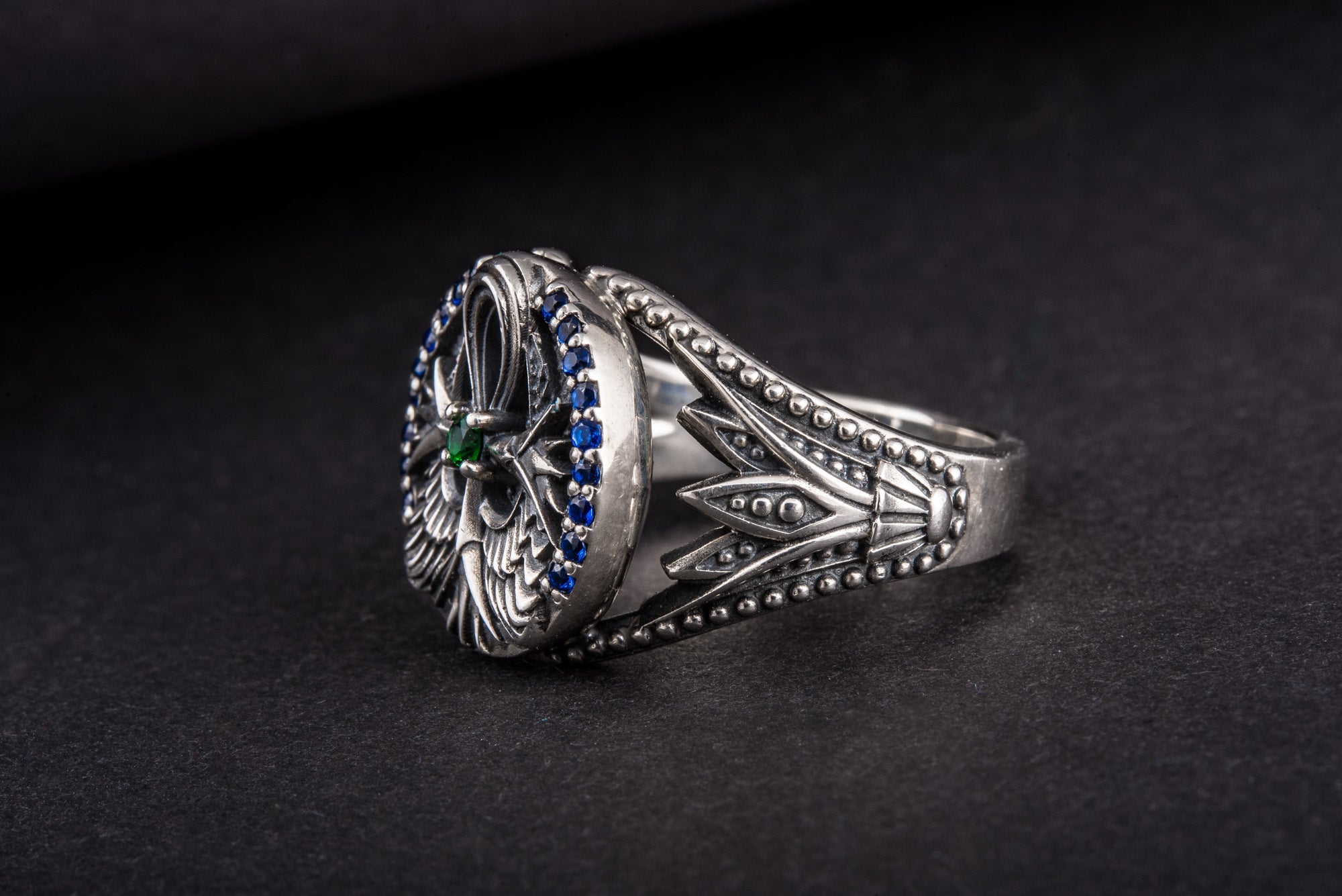 925 Silver Ankh Symbol Ring with Cubic Zirconium Gems, Handmade Egyptian Jewelry - vikingworkshop