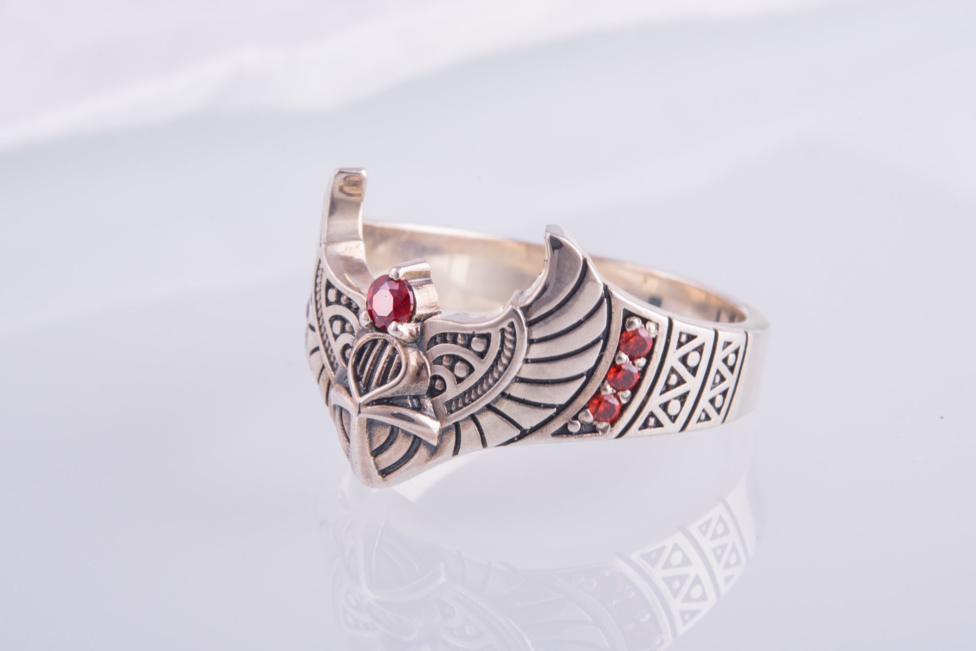 925 Silver Egypt ring Ankh and Wings with Red Gems, Unique handmade Jewelry - vikingworkshop