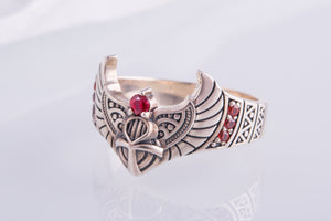 925 Silver Egypt ring Ankh and Wings with Red Gems, Unique handmade Jewelry - vikingworkshop