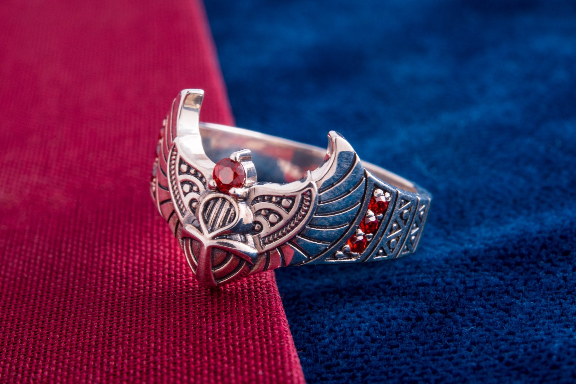 925 Silver Egypt ring Ankh and Wings with Red Gems, Unique handmade Jewelry - vikingworkshop