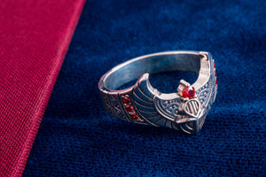 925 Silver Egypt ring Ankh and Wings with Red Gems, Unique handmade Jewelry - vikingworkshop