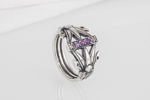 Unique Ancient Egypt ring with Lotus and purple gems, handcrafted 925 jewelry - vikingworkshop