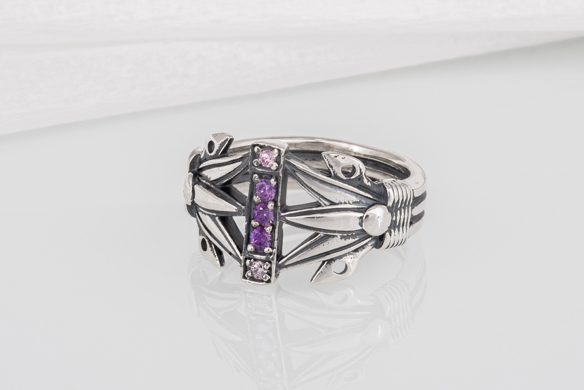 Unique Ancient Egypt ring with Lotus and purple gems, handcrafted 925 jewelry - vikingworkshop