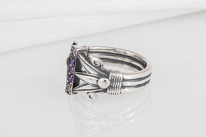 Unique Ancient Egypt ring with Lotus and purple gems, handcrafted 925 jewelry - vikingworkshop