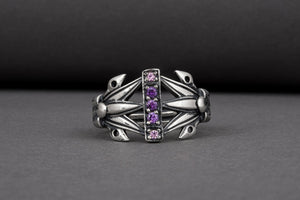 Unique Ancient Egypt ring with Lotus and purple gems, handcrafted 925 jewelry - vikingworkshop