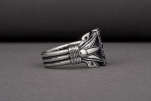 Unique Ancient Egypt ring with Lotus and purple gems, handcrafted 925 jewelry - vikingworkshop