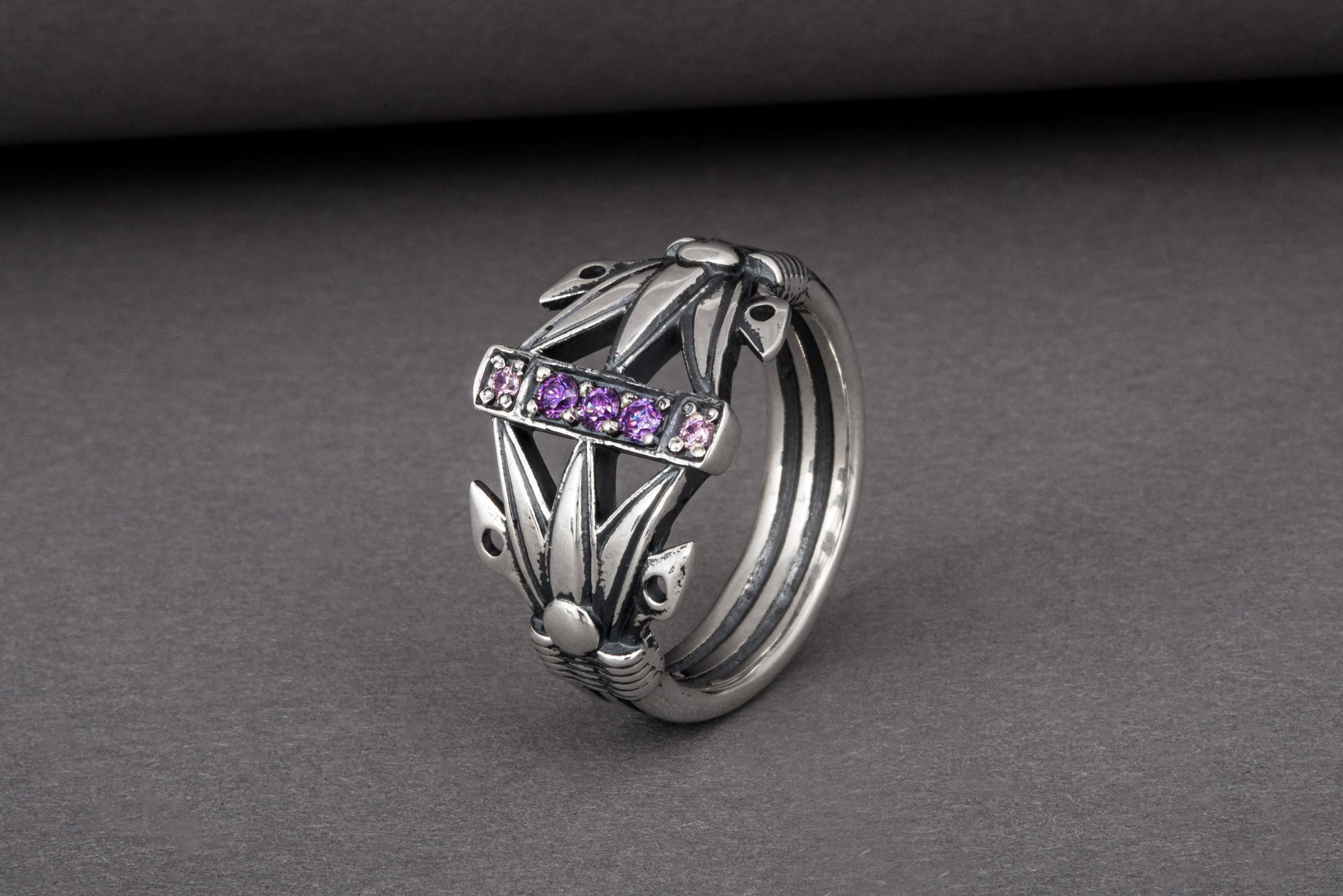 Unique Ancient Egypt ring with Lotus and purple gems, handcrafted 925 jewelry - vikingworkshop
