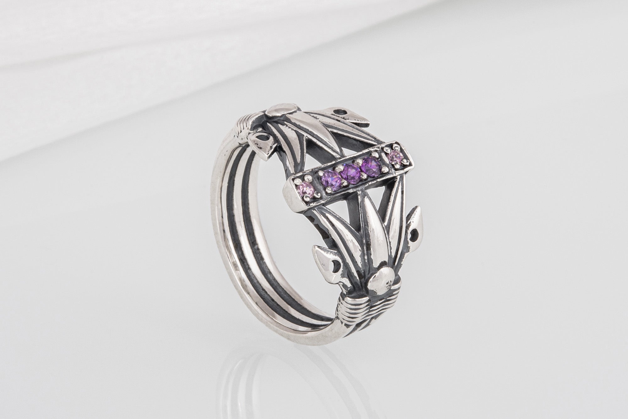 Unique Ancient Egypt ring with Lotus and purple gems, handcrafted 925 jewelry - vikingworkshop