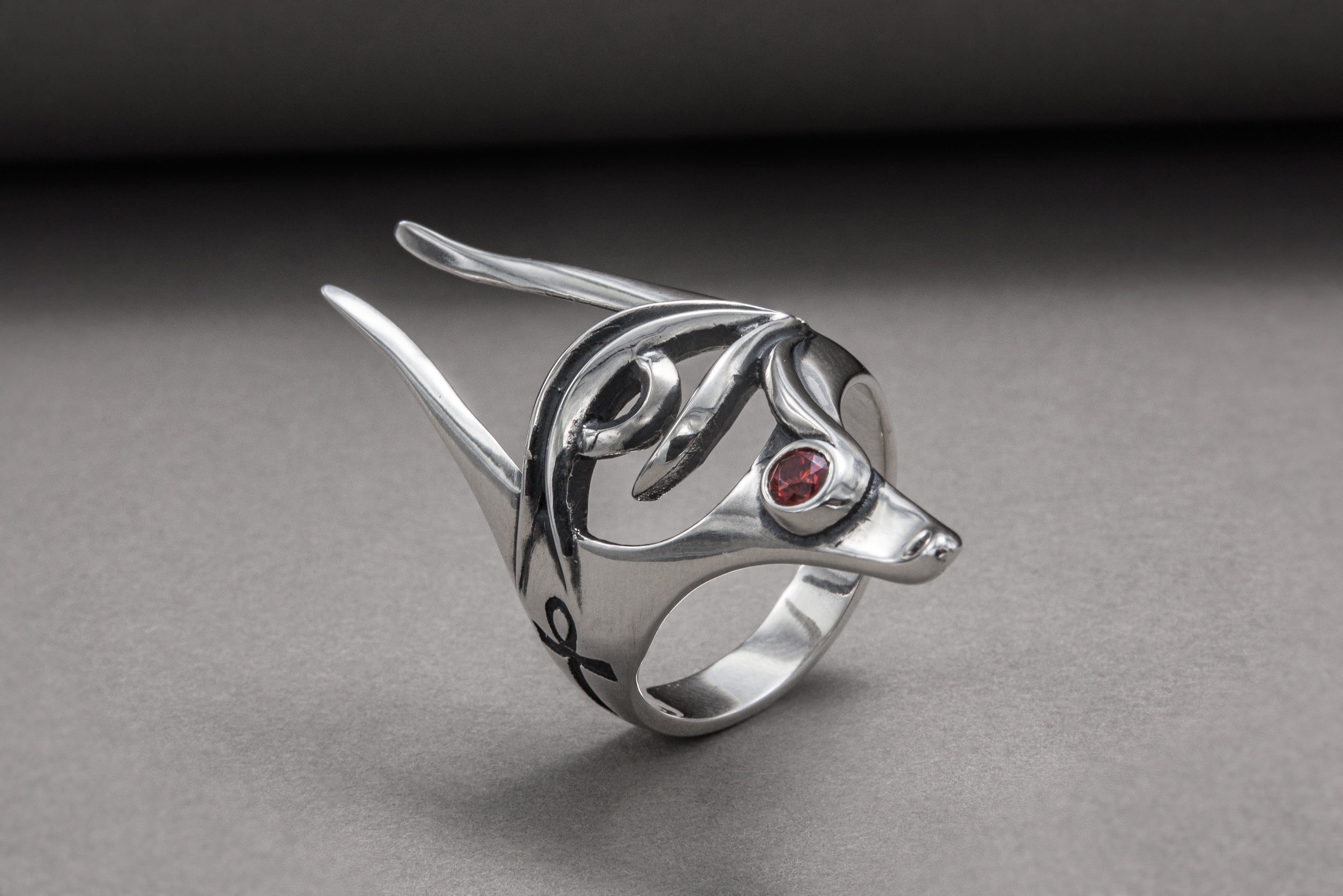 Sterling Silver Anubis Ring with Eye of Horus, Handmade Egypt Jewelry - vikingworkshop