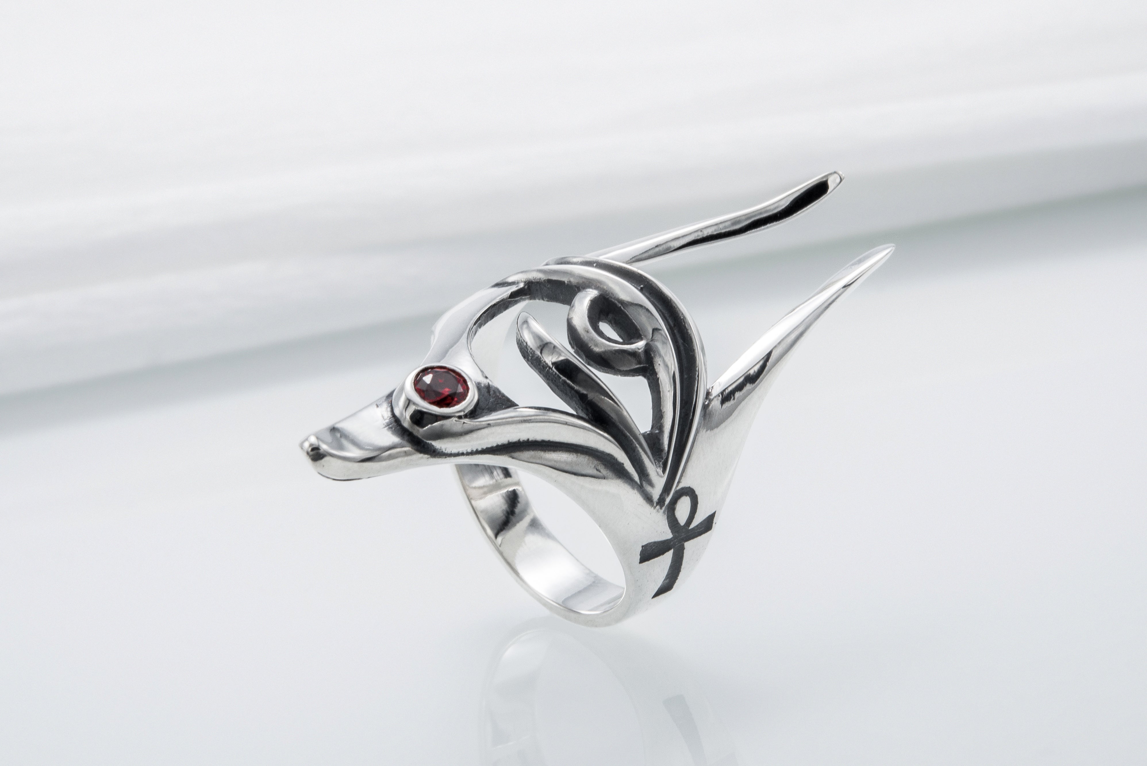 Sterling Silver Anubis Ring with Eye of Horus, Handmade Egypt Jewelry - vikingworkshop