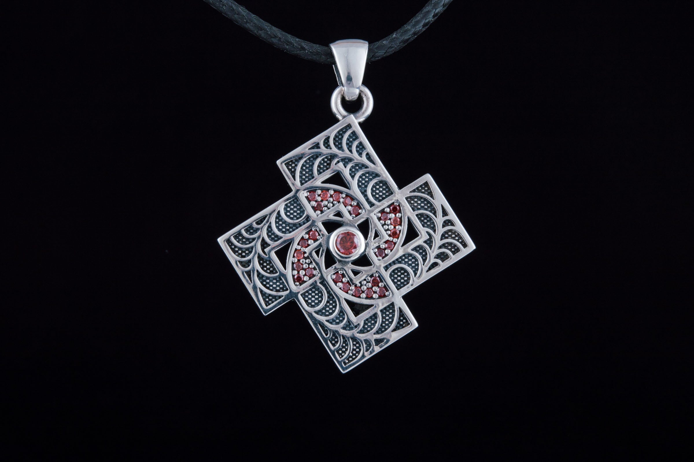 Pendant with Geometry Ornament and Gems Sterling Silver Jewelry - vikingworkshop