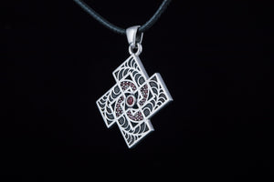 Pendant with Geometry Ornament and Gems Sterling Silver Jewelry - vikingworkshop