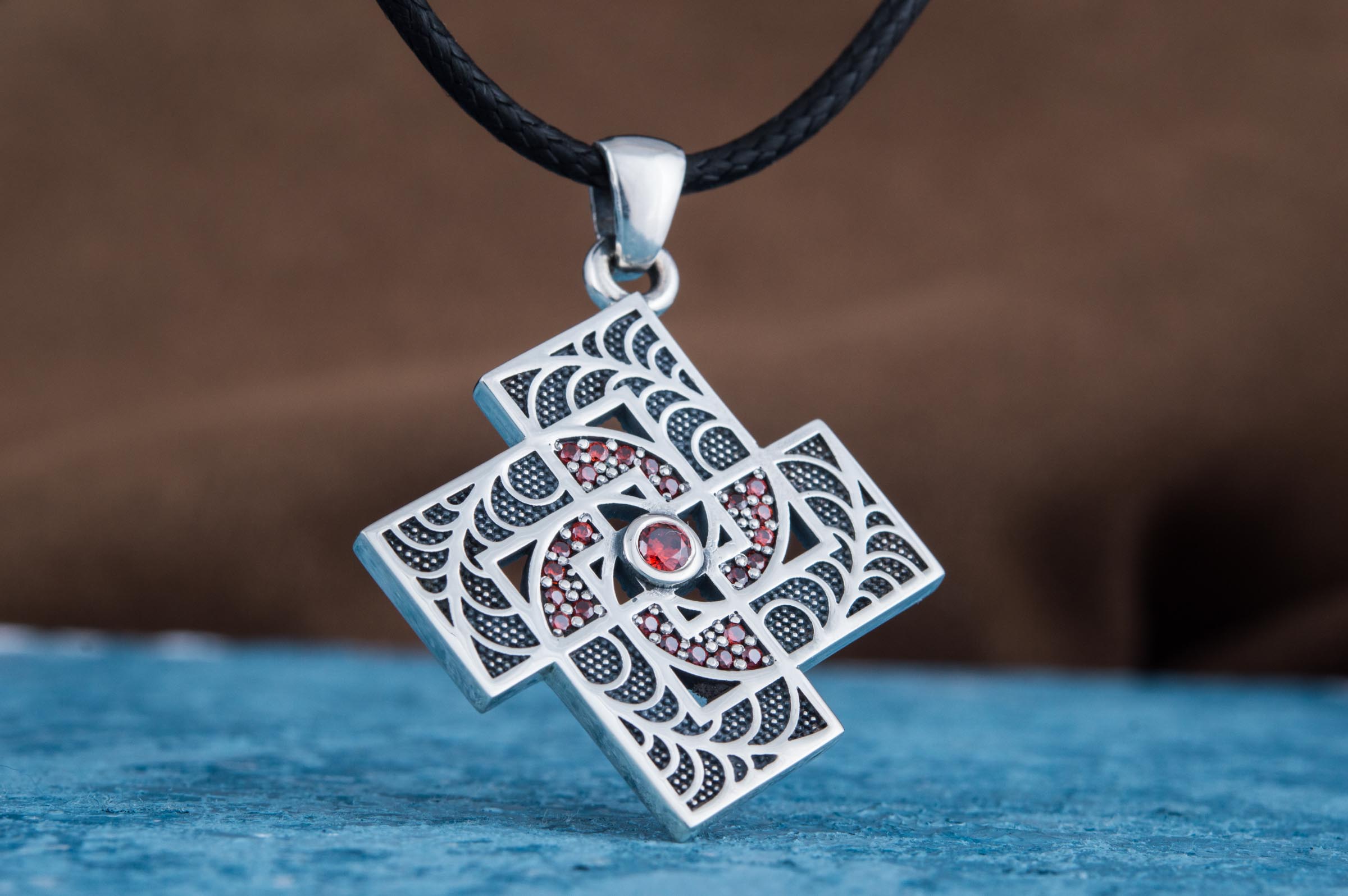 Pendant with Geometry Ornament and Gems Sterling Silver Jewelry - vikingworkshop