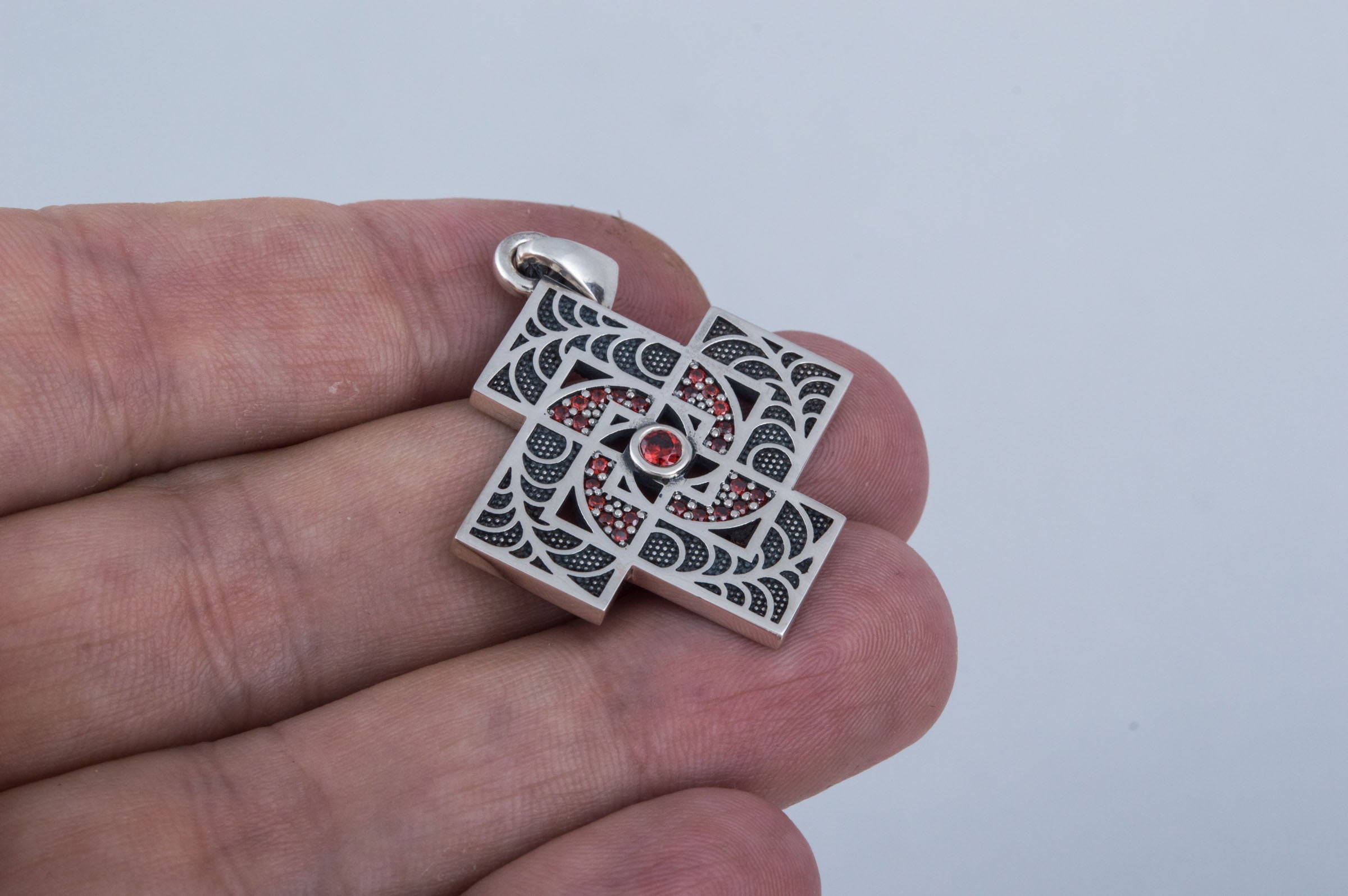 Pendant with Geometry Ornament and Gems Sterling Silver Jewelry - vikingworkshop