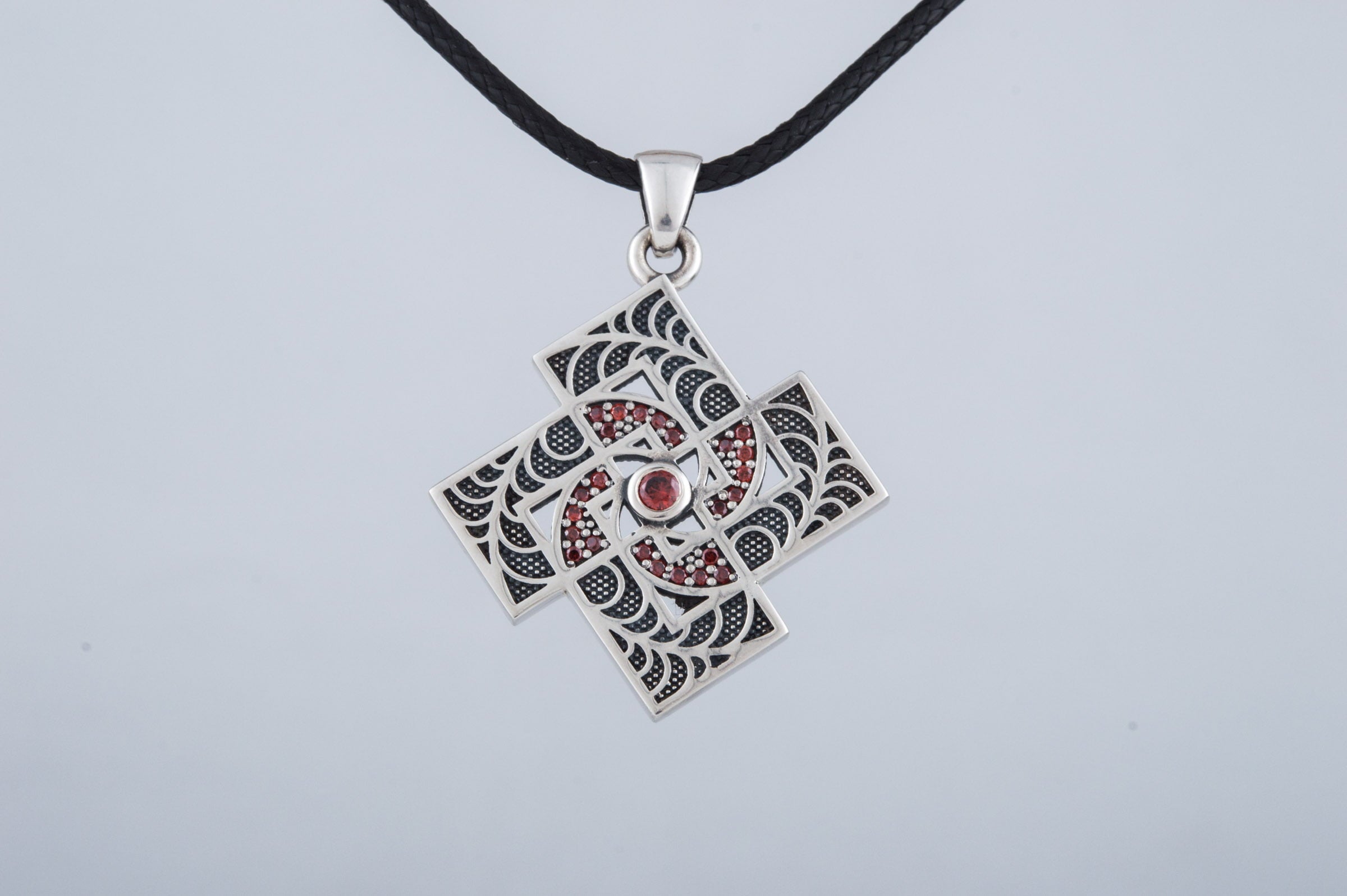 Pendant with Geometry Ornament and Gems Sterling Silver Jewelry - vikingworkshop