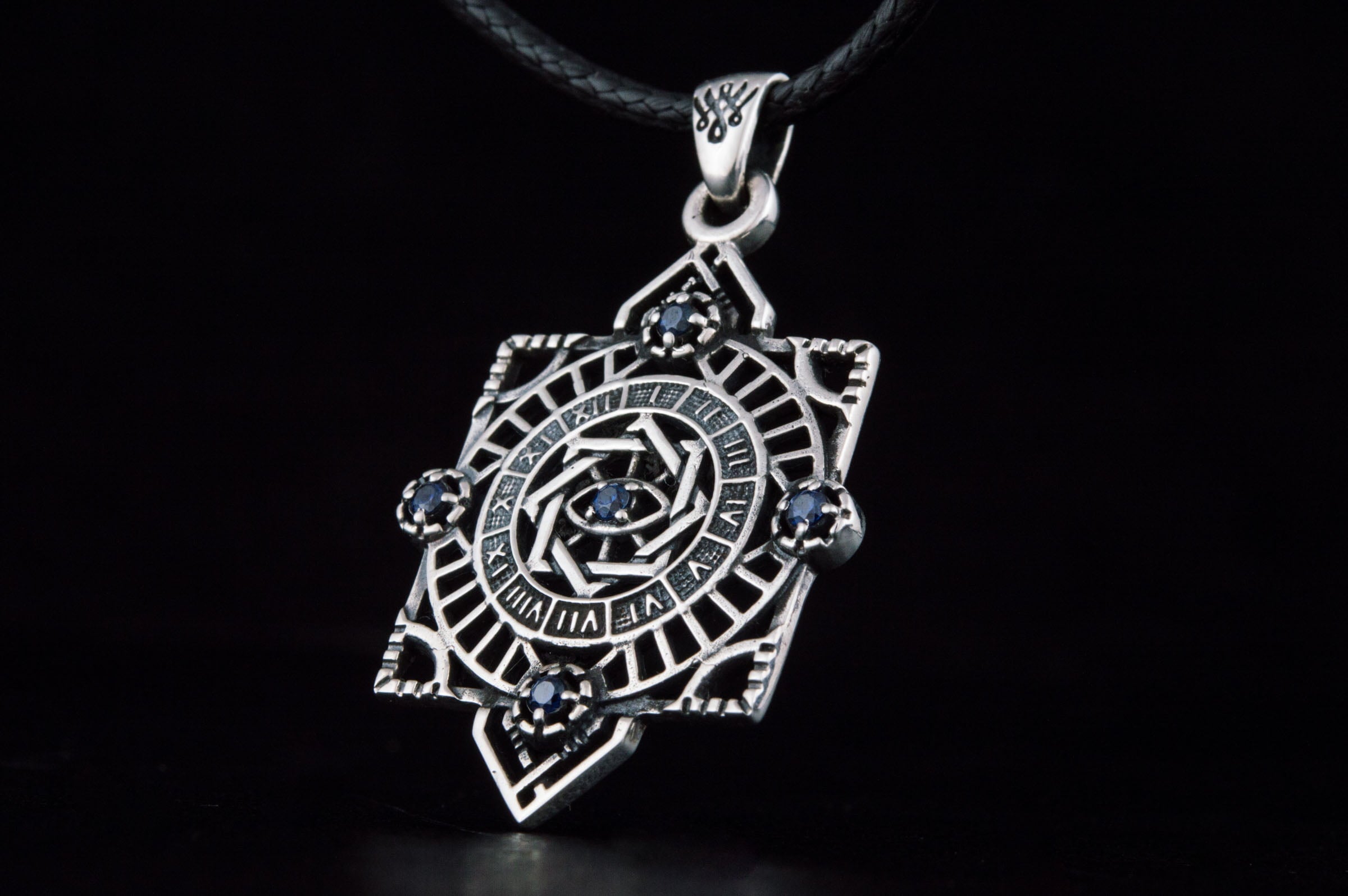 Geometry Style Pendant with Gems Sterling Silver Unique Jewelry - vikingworkshop