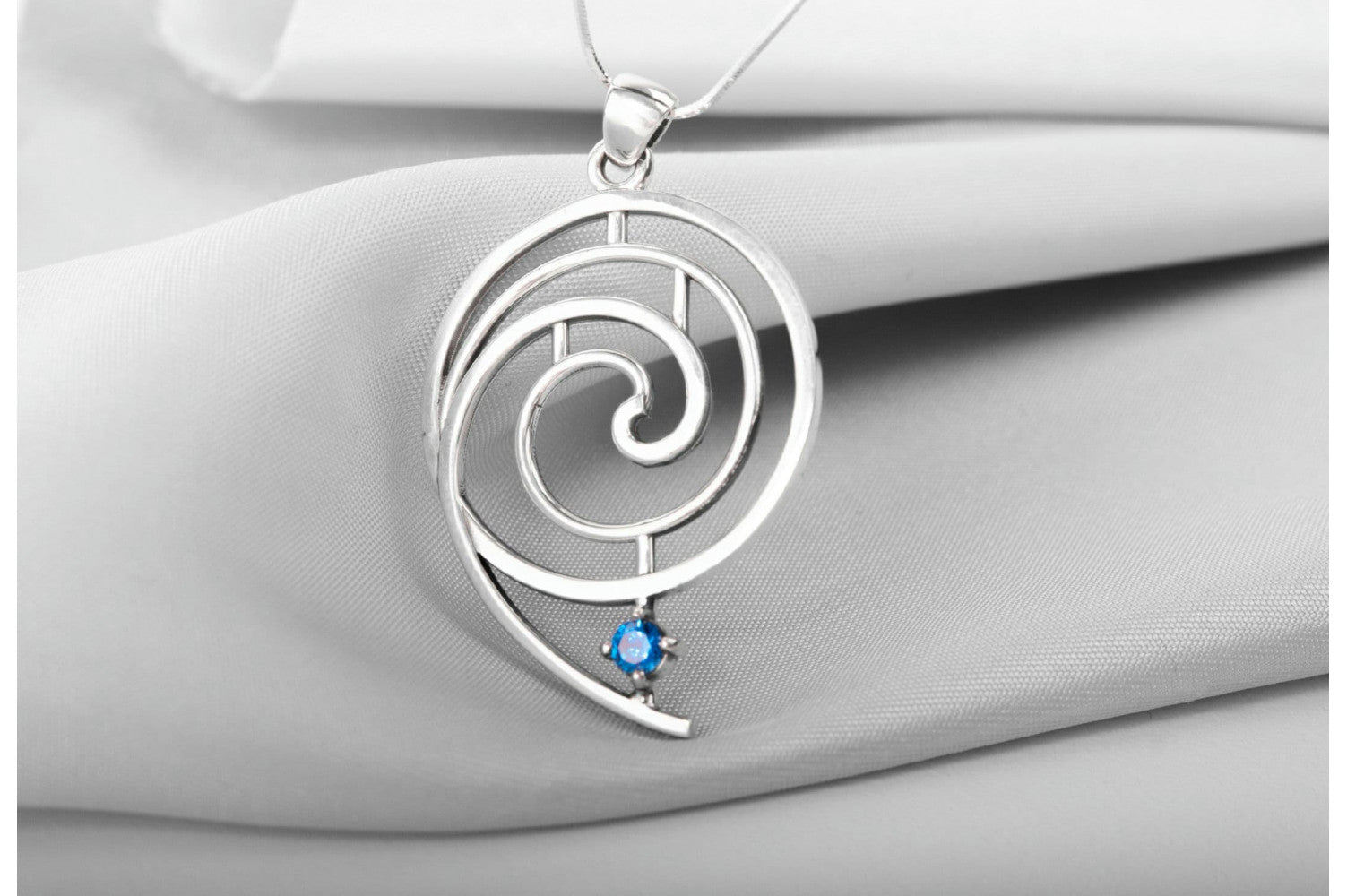 Sterling Silver Spiral Geometry Pendant with Blue gem, unique handmade jewelry - vikingworkshop