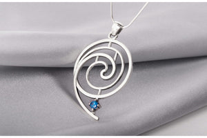 Sterling Silver Spiral Geometry Pendant with Blue gem, unique handmade jewelry - vikingworkshop