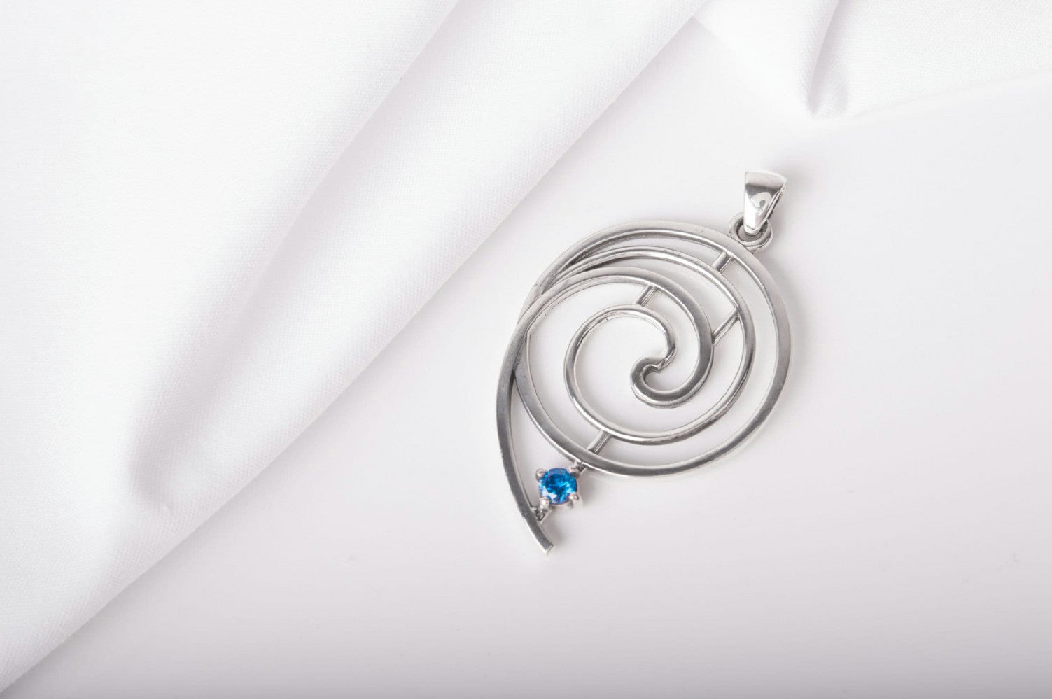 Sterling Silver Spiral Geometry Pendant with Blue gem, unique handmade jewelry - vikingworkshop