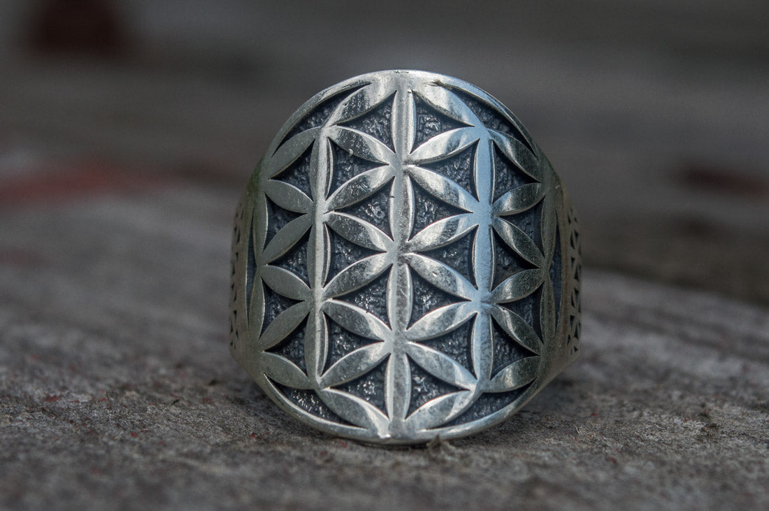 Flower of Life Symbol Ring Sterling Silver Unique Jewelry - vikingworkshop