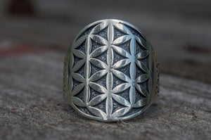 Flower of Life Symbol Ring Sterling Silver Unique Jewelry - vikingworkshop