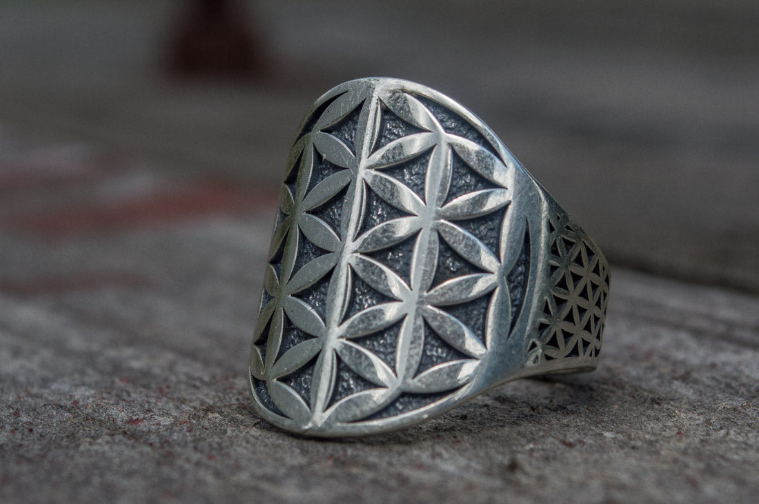 Flower of Life Symbol Ring Sterling Silver Unique Jewelry - vikingworkshop