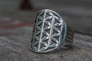 Flower of Life Symbol Ring Sterling Silver Unique Jewelry - vikingworkshop