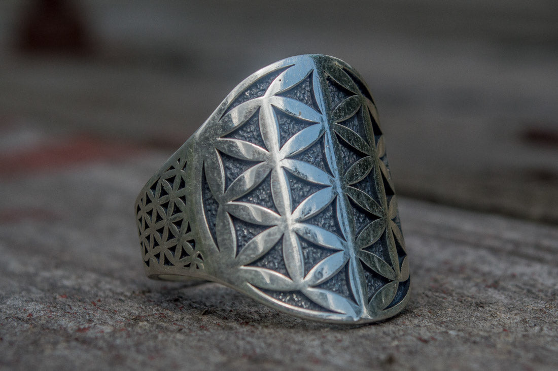 Flower of Life Symbol Ring Sterling Silver Unique Jewelry - vikingworkshop